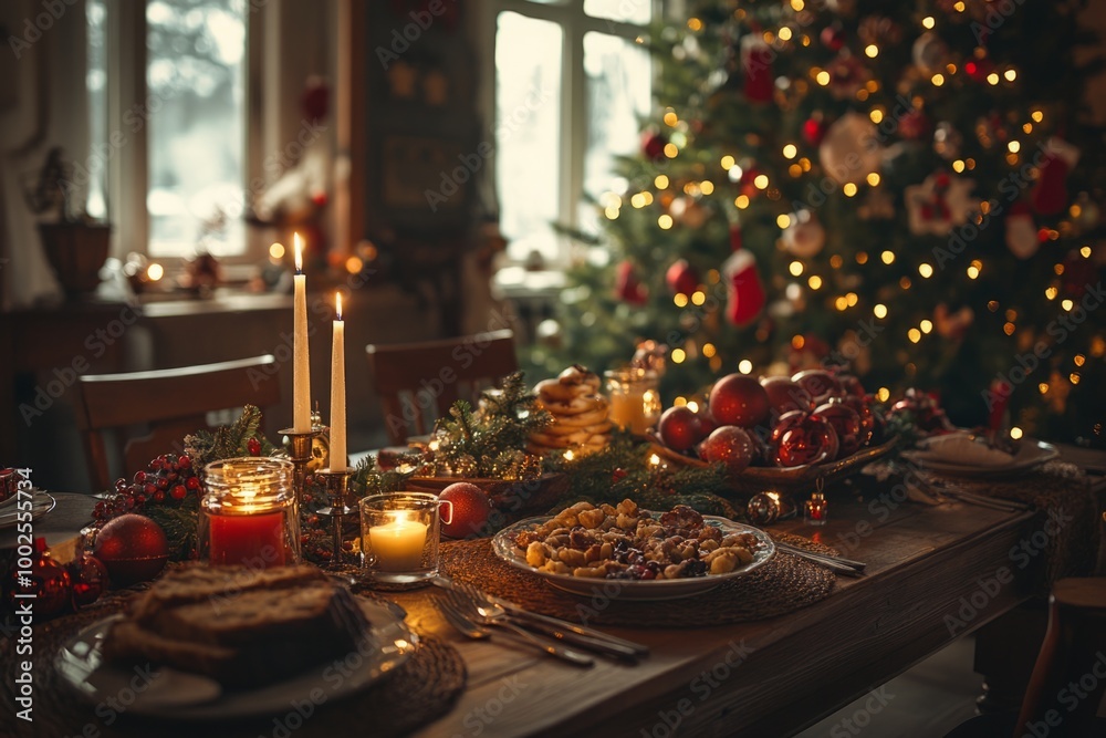 Christmas table setting with burning candles and blurred christmas tree in background Christmas table setting with burning candles and blurred christmas tree in background