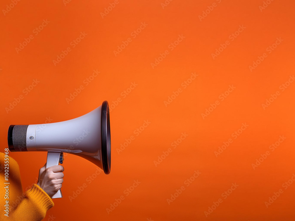 A hand holding a white megaphone, emphasizing sales and discounts, set against a bold orange background to grab attention and create urgency.