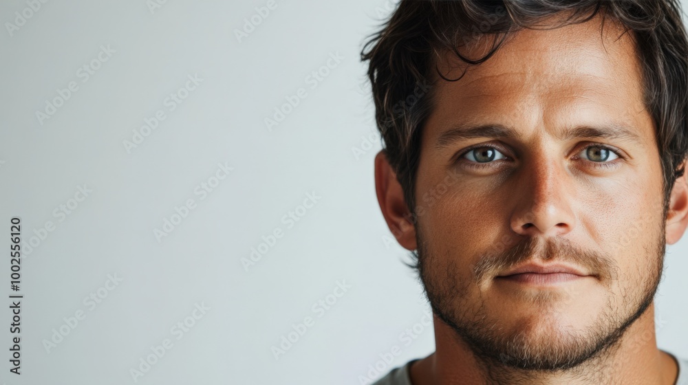 Naklejka premium Rugged Male Portrait with Intense Expression and Dark Hair