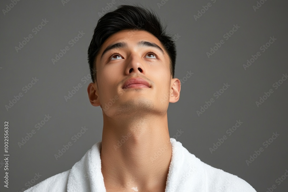 Fototapeta premium Thoughtful Man Looking Upwards in White Bathrobe