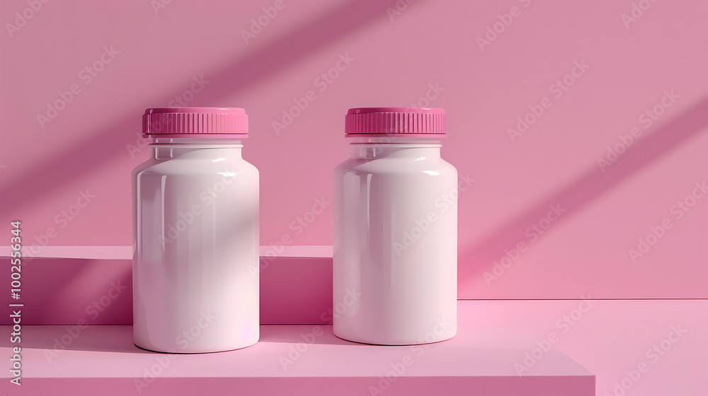 Two white bottles with pink lids sit on a pink surface with a pink background. Two white bottles with pink lids sit on a pink surface with a pink background.