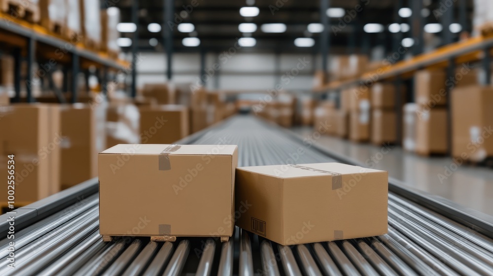 A close-up view of cardboard boxes moving along a conveyor belt in a warehouse highlights the process of packing and shipping products to meet demand