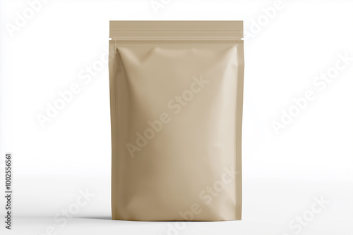 Beige flat-bottom stand-up pouch isolated on white background, reusable and eco-friendly packaging for food, coffee, and tea products