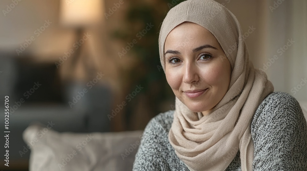 Woman in beige headscarf and gray sweater, smiling peacefully in a softly lit living room, embodying hope and resilience. Woman in beige headscarf and gray sweater, smiling peacefully in a softly lit living room, embodying hope and resilience.