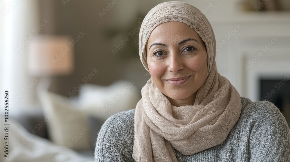Woman in beige headscarf and gray sweater, smiling peacefully in a softly lit living room, embodying hope and resilience. Woman in beige headscarf and gray sweater, smiling peacefully in a softly lit living room, embodying hope and resilience.