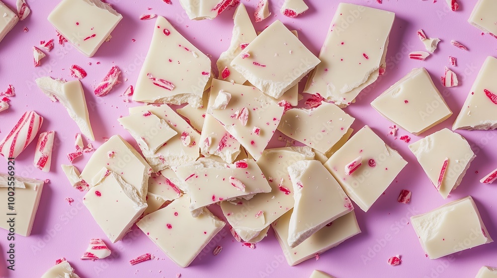 Deliciously broken peppermint white chocolate pieces scattered on a vibrant pink background during the holiday season Deliciously broken peppermint white chocolate pieces scattered on a vibrant pink background during the holiday season