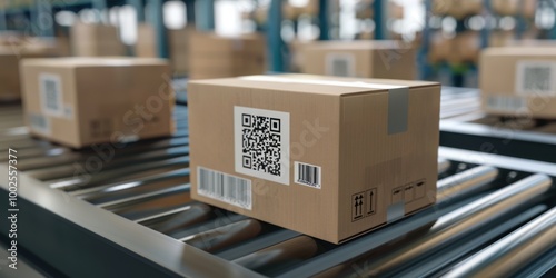 Boxes Moving on Conveyor Belt in Warehouse
