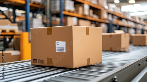 A close-up view of cardboard boxes moving along a conveyor belt in a warehouse highlights the process of packing and shipping products to meet demand