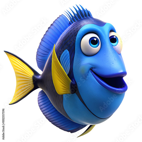 3D Cartoon Blue Tang Fish on Transparent PNG Background