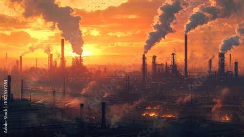 A sprawling industrial complex at sunset, with large smokestacks emitting vapor and heavy machinery in motion.