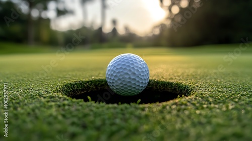 A close-up of a golf ball poised above the hole on a lush green course, capturing the essence of the game at sunset.