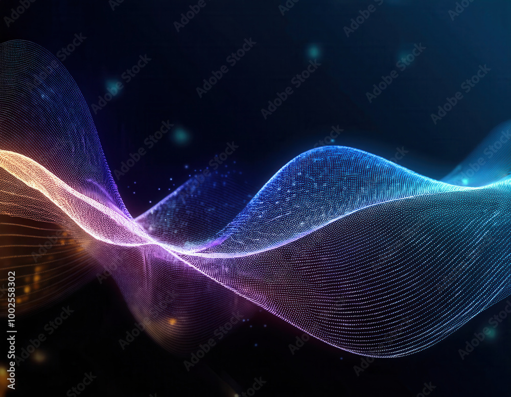 An undulating pattern of light particles forming colorful, abstract waves on a dark surface, with a focus on the interplay of light and motion.