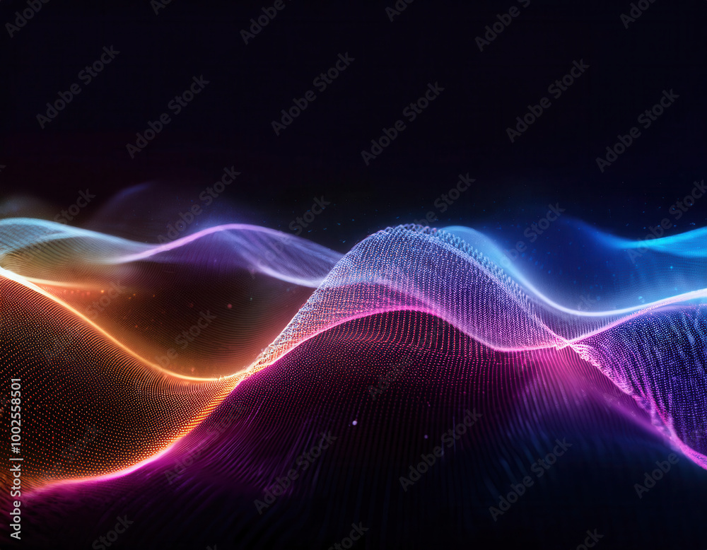 A mesmerizing abstract wave of colorful particles flowing smoothly against a dark background, creating a sense of energy and motion.