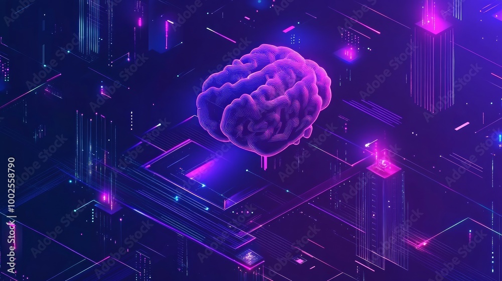 Obraz premium Artificial intelligence, AI web banner, isometric cloud computing concept, data mining, isometric, neural network, machine programming. Modern illustration isometric