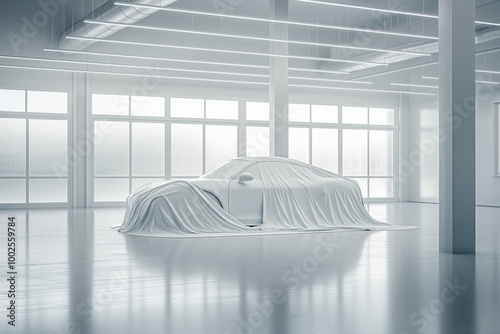 Luxury car covered with a white sheet in a spacious bright showroom, vehicle unveiling and presentation concept, modern auto design photo