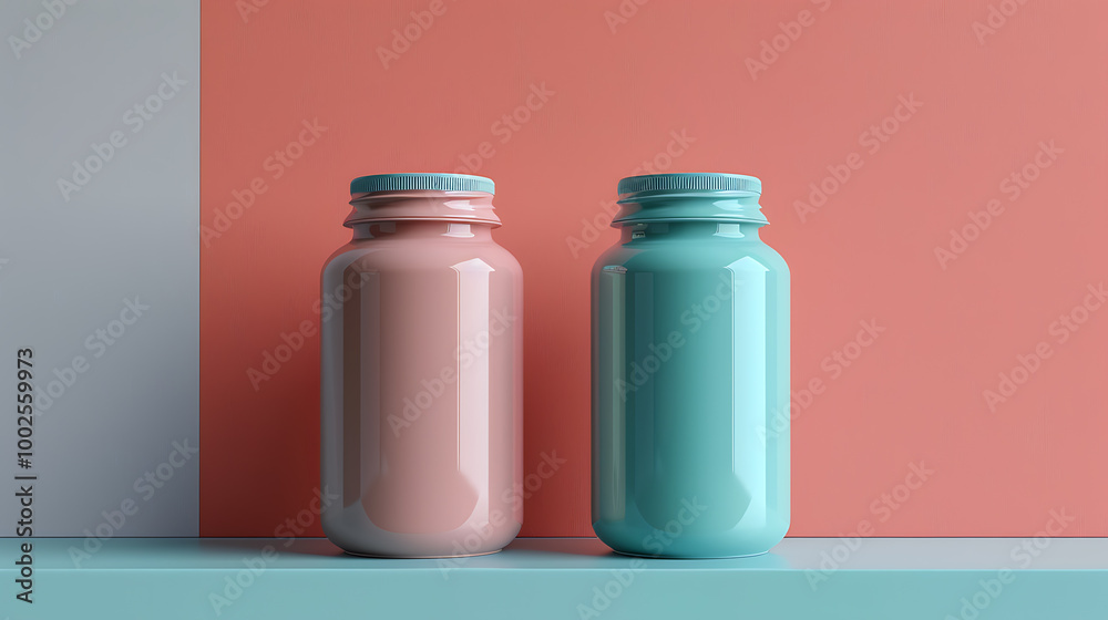 Two colorful bottles with blue lids, one pink and one blue, stand on a shelf against a coral wall. Two colorful bottles with blue lids, one pink and one blue, stand on a shelf against a coral wall.