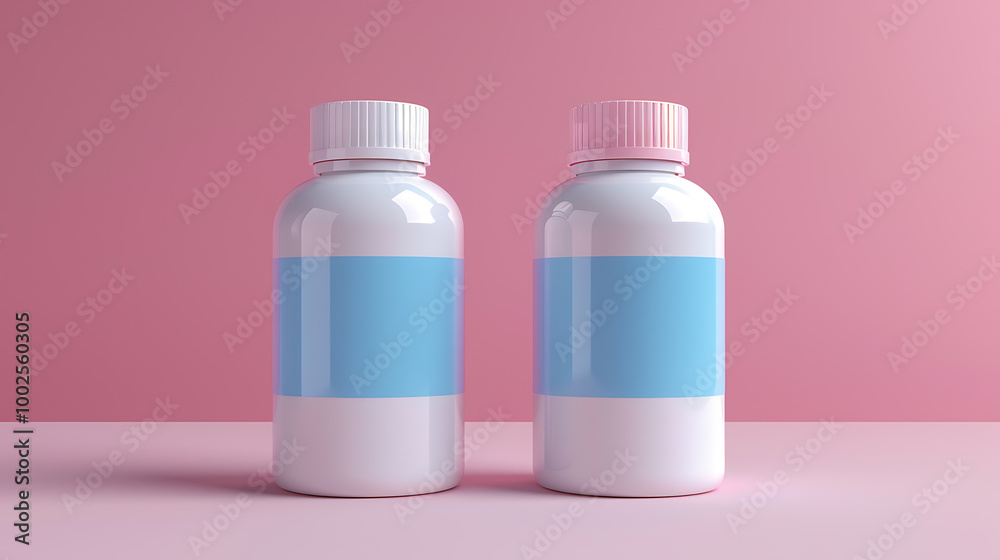 Two white bottles with blue labels and pink caps on a pink background. Two white bottles with blue labels and pink caps on a pink background.