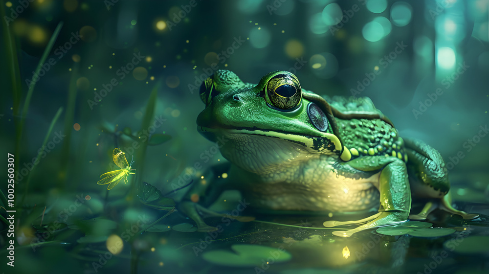 A cute little fantasy frog is playing with fireflies A cute little fantasy frog is playing with fireflies