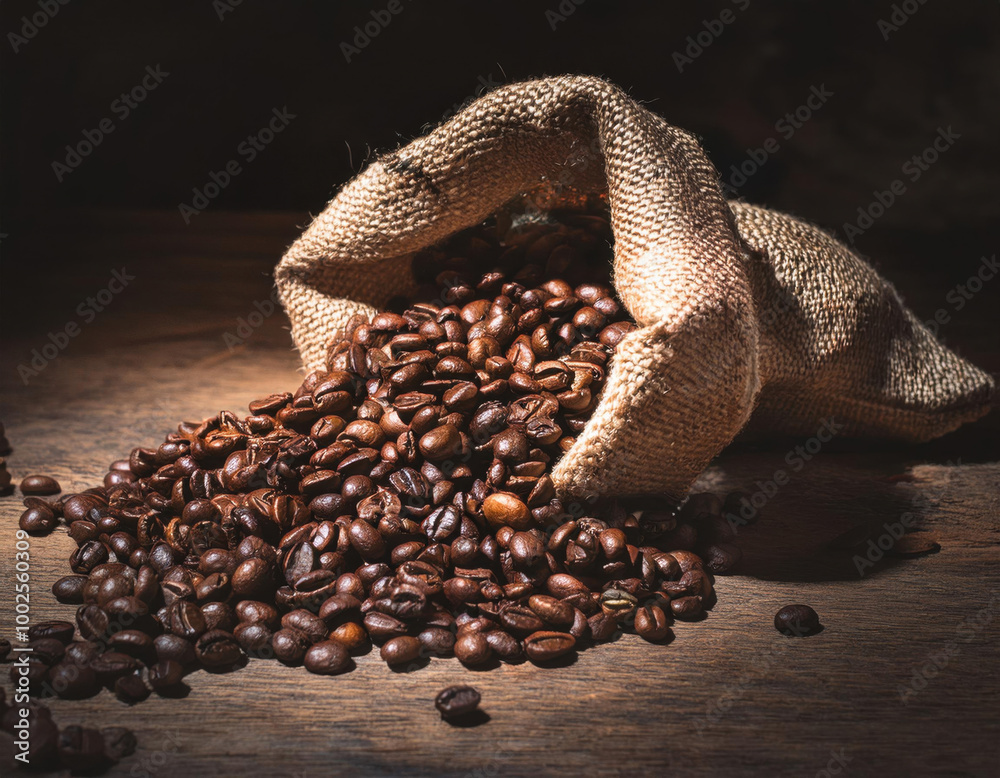 A rustic burlap sack filled with roasted coffee beans spills onto a weathered wooden table, creating a warm and earthy visual that highlights the natural textures.