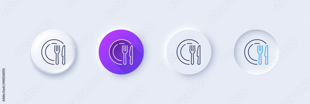Dish line icon. Neumorphic, Purple gradient, 3d pin buttons. Tableware food plate sign. Kitchenware fork and knife symbol. Line icons. Neumorphic buttons with outline signs. Vector Dish line icon. Neumorphic, Purple gradient, 3d pin buttons. Tableware food plate sign. Kitchenware fork and knife symbol. Line icons. Neumorphic buttons with outline signs. Vector