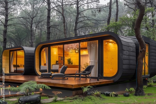 Innovative modular houses showcase sleek design and spacious interiors, nestled in a serene forest surrounded by tall trees