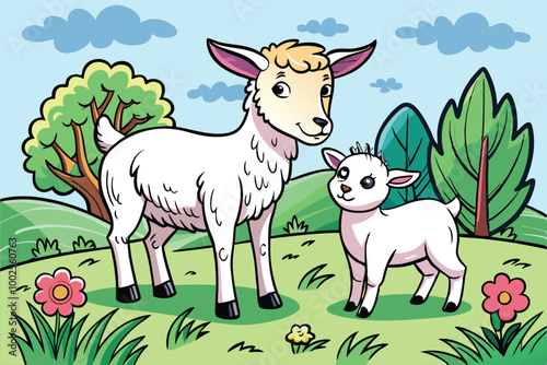 Cute cozy animal friends Goat kid and lamb frolicking in a meadow N.eps