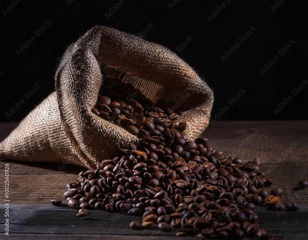A rustic burlap sack filled with roasted coffee beans spills onto a weathered wooden table, creating a warm and earthy visual that highlights the natural textures.