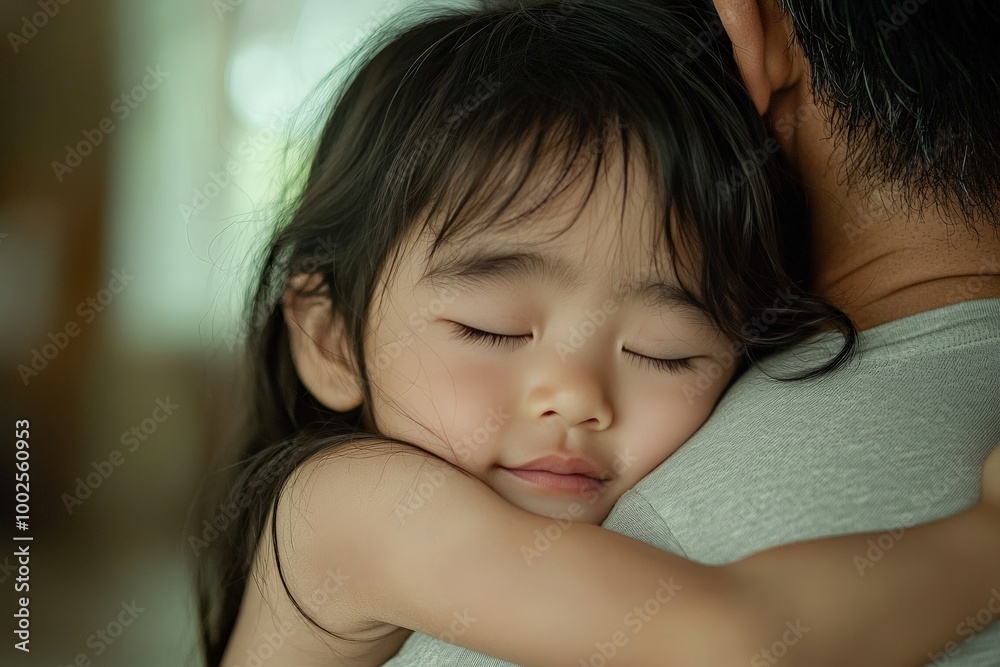 A child hugging their parent tightly, eyes closed, showing a deep bond of love and security A child hugging their parent tightly, eyes closed, showing a deep bond of love and security