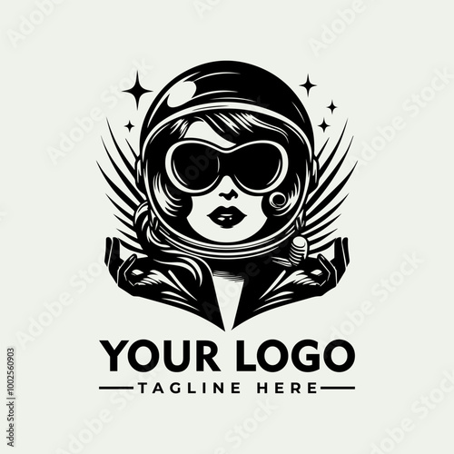 Woman wearing astronaut helmet vector logo in black and white perfect for science fiction designs, space exploration concepts, and futuristic themes