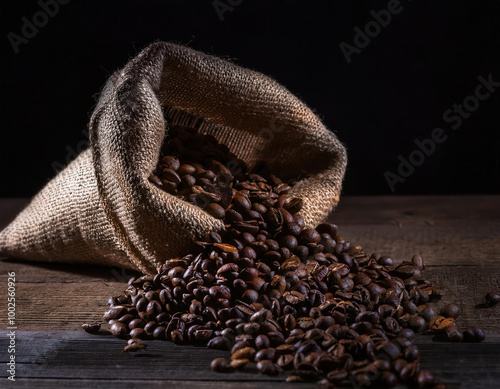 Obraz na płótnie A rustic burlap sack filled with roasted coffee beans spills onto a weathered wooden table, creating a warm and earthy visual that highlights the natural textures. w salonie
