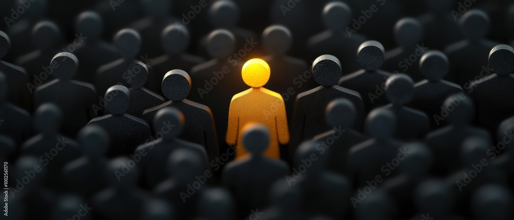 Fototapeta premium A single illuminated figure stands out among a crowd of dark silhouettes, symbolizing individuality and uniqueness in a sea of uniformity