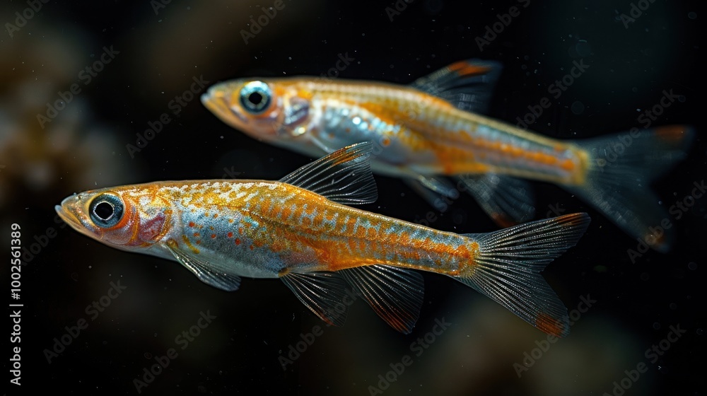 Graceful orange and silver fish swimming effortlessly in shimmering waters at a peaceful aquarium. Generative AI Graceful orange and silver fish swimming effortlessly in shimmering waters at a peaceful aquarium. Generative AI