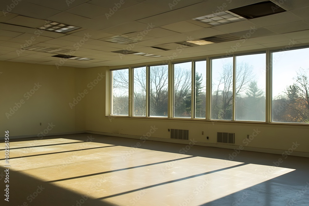 Bright, empty room with large windows showing trees in the afternoon light. Generative AI Bright, empty room with large windows showing trees in the afternoon light. Generative AI