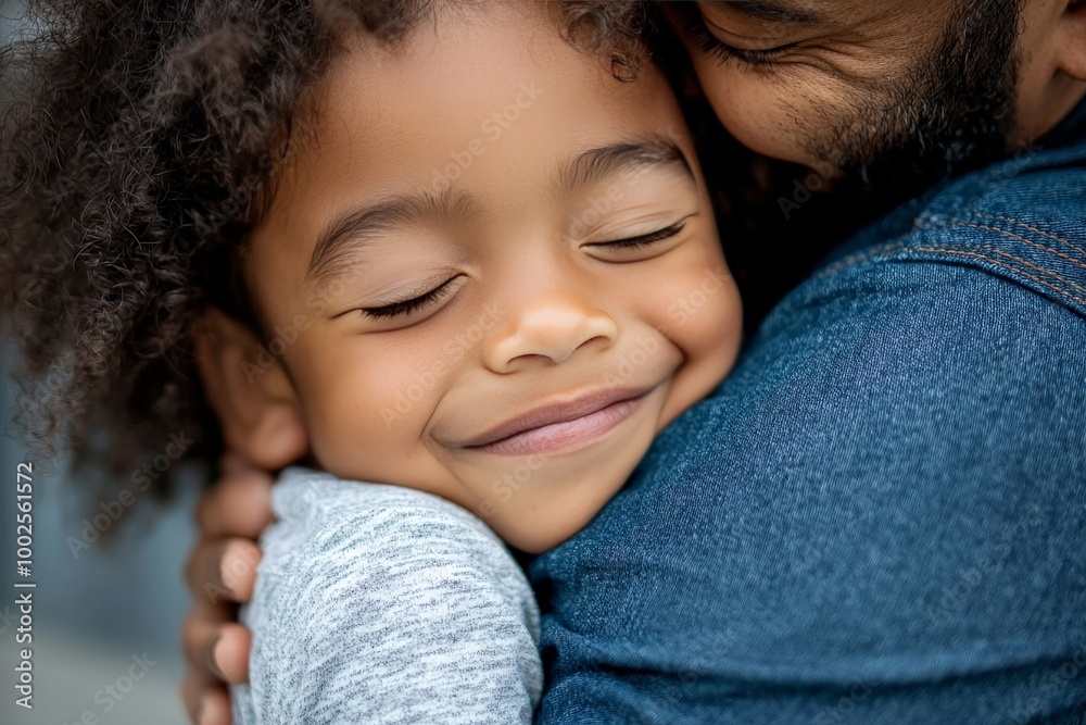 A child hugging their parent tightly, eyes closed, showing a deep bond of love and security A child hugging their parent tightly, eyes closed, showing a deep bond of love and security