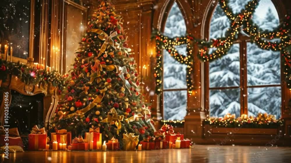 Grand Ballroom with Decorated Christmas Tree in Festive Style. Elegant and Joyful Holiday Scene for Celebration and Seasonal Concepts Grand Ballroom with Decorated Christmas Tree in Festive Style. Elegant and Joyful Holiday Scene for Celebration and Seasonal Concepts