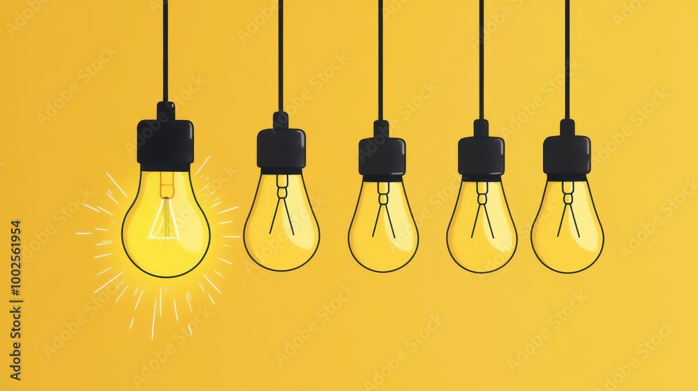 A vibrant yellow background features five hanging light bulbs, with one bulb illuminated and radiating light, creating a stylish and modern atmosphere A vibrant yellow background features five hanging light bulbs, with one bulb illuminated and radiating light, creating a stylish and modern atmosphere