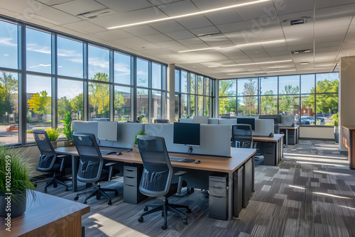 Modern office interior design with large windows and workstations in daylight. Generative AI