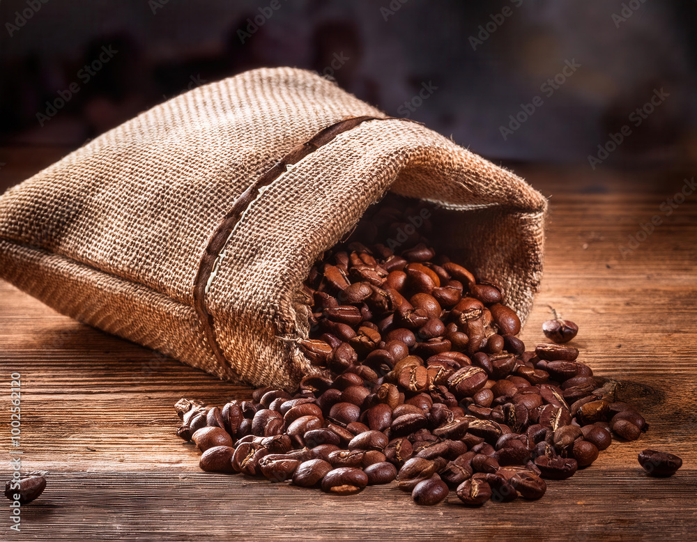 A rustic burlap sack filled with roasted coffee beans spills onto a weathered wooden table, creating a warm and earthy visual that highlights the natural textures.