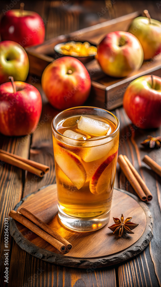 Refreshing Iced Apple Cider with Cinnamon and Ice Cubes in Glass Refreshing Iced Apple Cider with Cinnamon and Ice Cubes in Glass