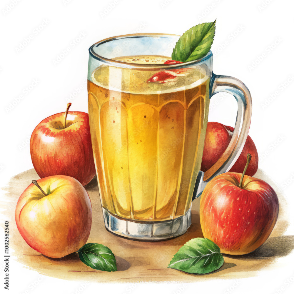 Glass Mug of Chilled Apple Cider with Fresh Apples and Mint Garnish Glass Mug of Chilled Apple Cider with Fresh Apples and Mint Garnish