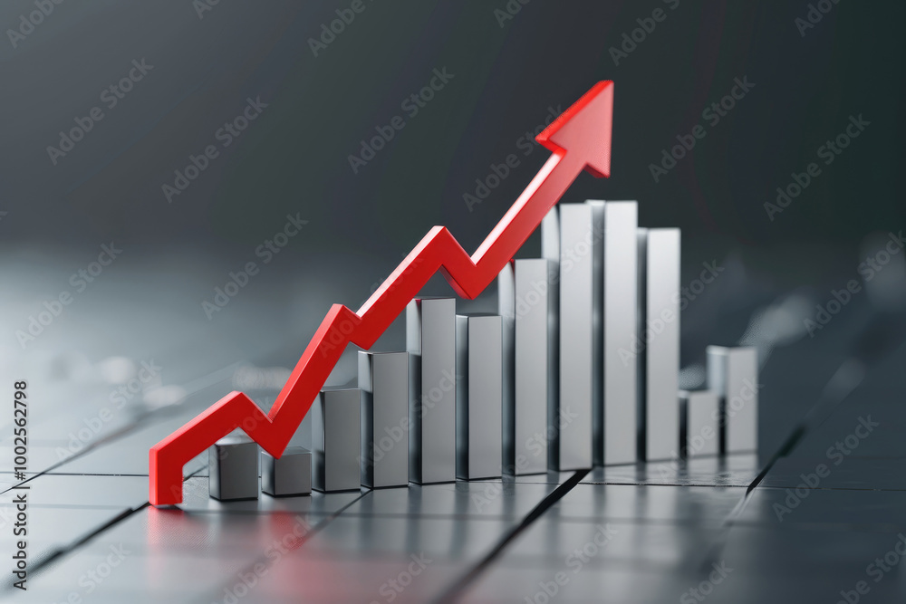 a histogram with a red arrow going up symbolizing business growth