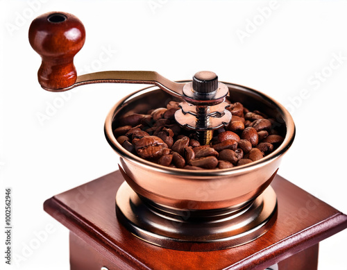 A vintage-style manual coffee grinder filled with fresh coffee beans, elegantly placed in a minimalist composition with a white background.