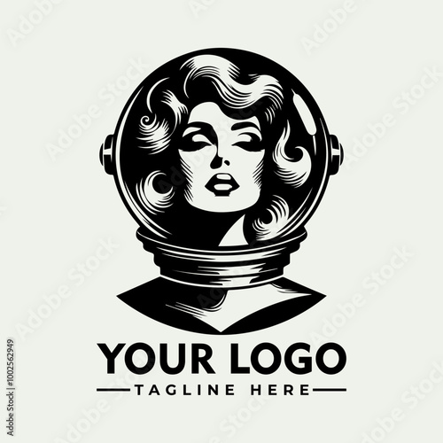 Woman wearing astronaut helmet vector logo in black and white perfect for science fiction designs, space exploration concepts, and futuristic themes