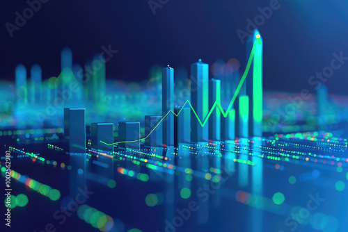 a histogram with a green arrow going up symbolizing business growth