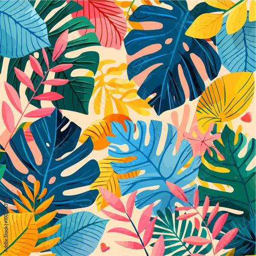 Exotic watercolor tropical leaves and plants background, Exotic tropical leaves banner, and poster for summer and spring with monster and banana and palm leaves