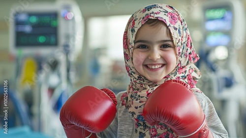 Brave young fighter in floral headscarf and red gloves, smiling in a hospital, symbolizing hope and strength.