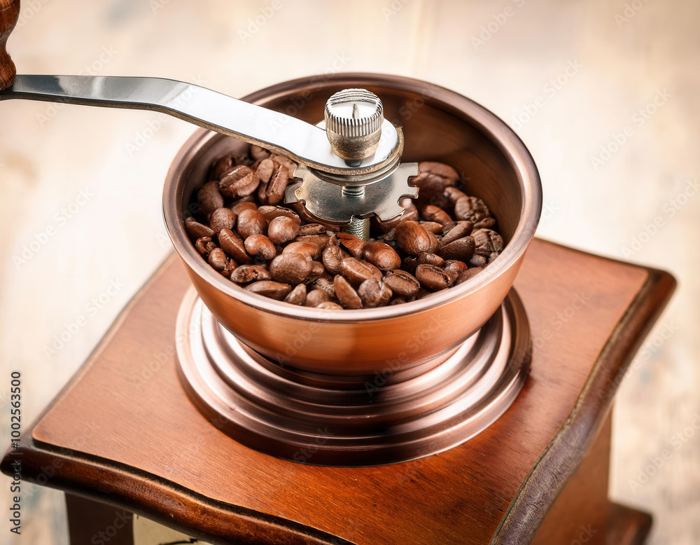 A vintage-style manual coffee grinder filled with fresh coffee beans, elegantly placed in a minimalist composition with a white background.