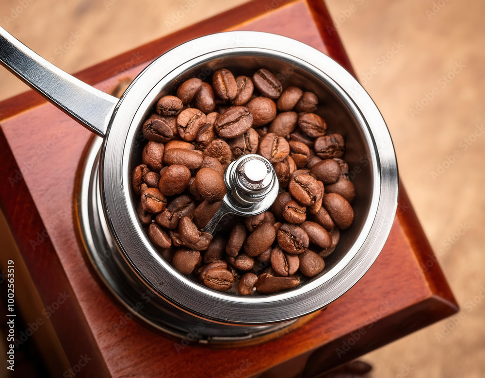 A vintage-style manual coffee grinder filled with fresh coffee beans, elegantly placed in a minimalist composition with a white background.