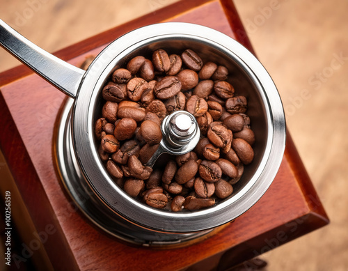 Obraz na płótnie A vintage-style manual coffee grinder filled with fresh coffee beans, elegantly placed in a minimalist composition with a white background. w salonie