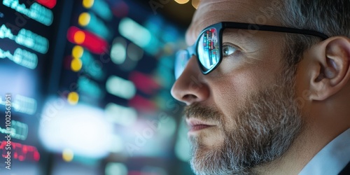 Focused man analyzing data on digital screen, showcasing dedication to finance and technology in a modern workplace.